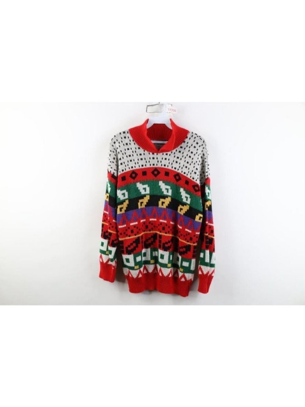 Vintage 90s Streetwear Womens Medium Rainbow Geometric Knit Collared Sweater